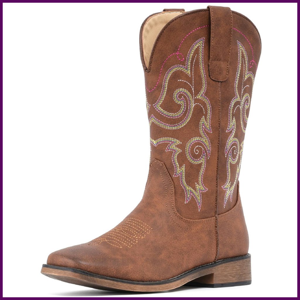 Women's Square Toe Embroidered Cowboy Boots Mid Calf Pull On Fashion